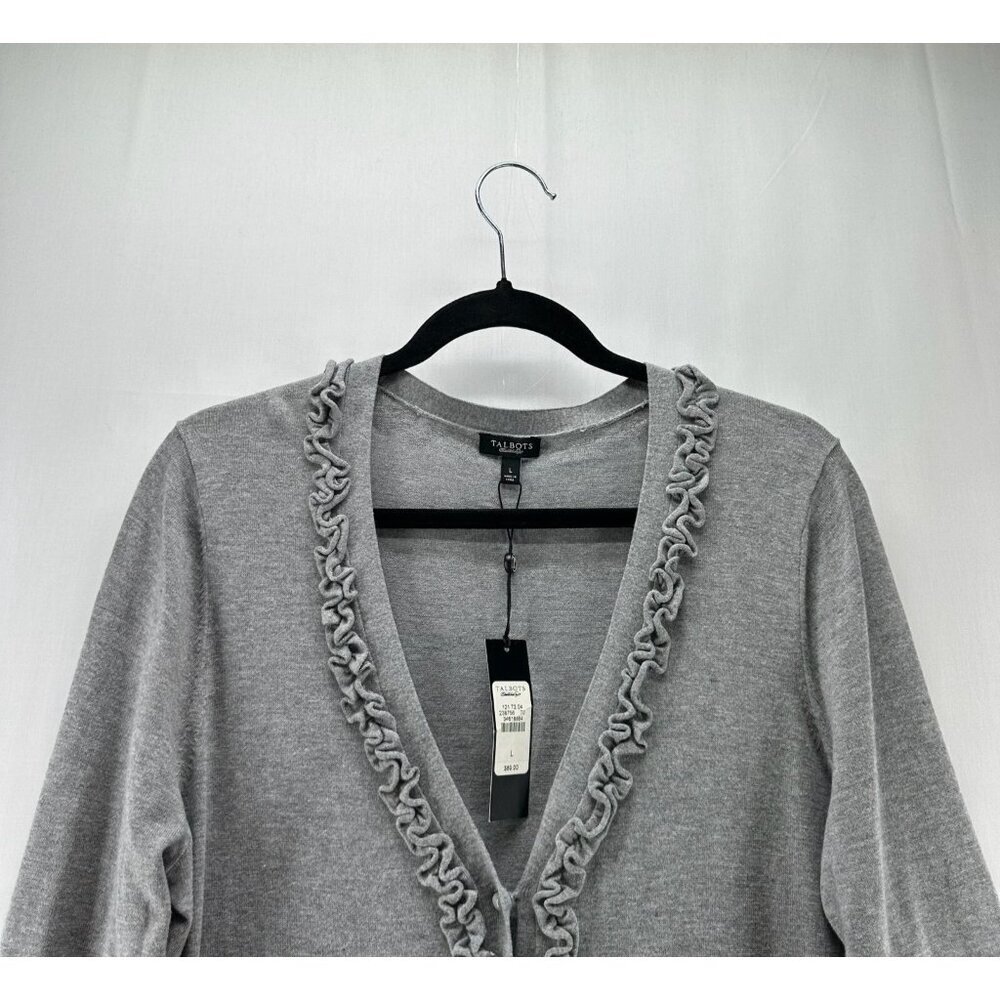 Talbots Cardigan Sweater Womens L Button Up V-Neck Ruffle Placket 4-Pocket Gray - Picture 3 of 12